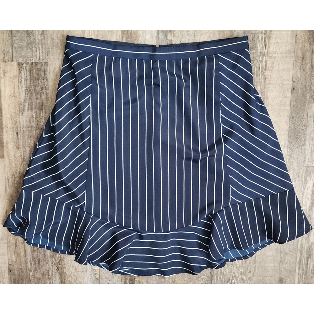 J.Crew Ruffle Hem Skirt Womens 4 Navy Blue White Pinstripe Swing Striped A-Line